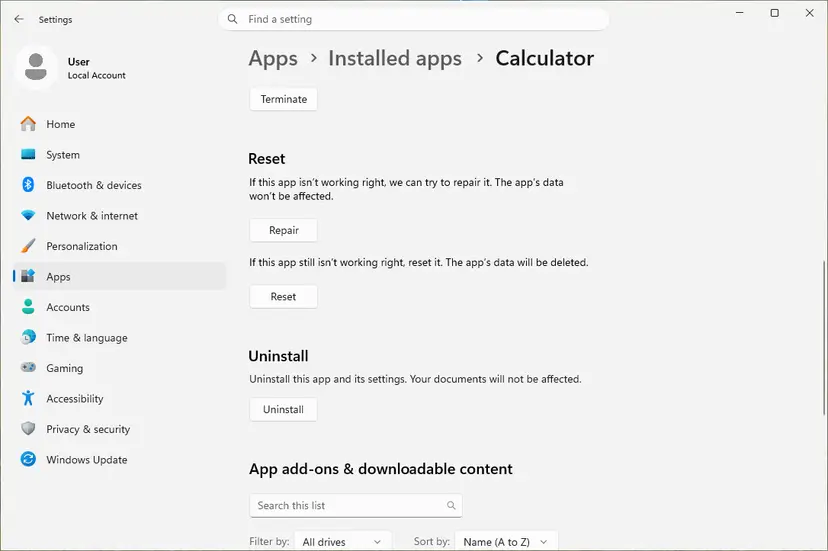 Advanced options of an app with the Terminate, Repair, Reset and Uninstall buttons: screenshot taken on Windows 11 26H2