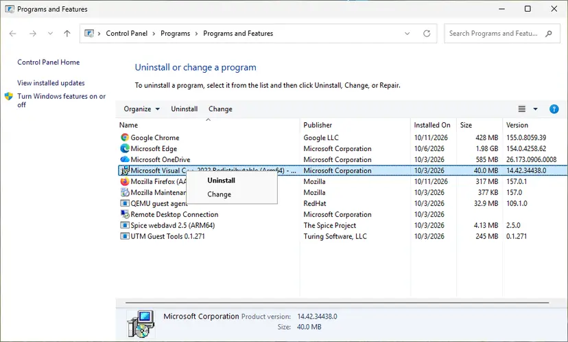 Right-click menu of the Visual C++ Redistributable entry with Uninstall and Change: screenshot taken on Windows 11 26H2