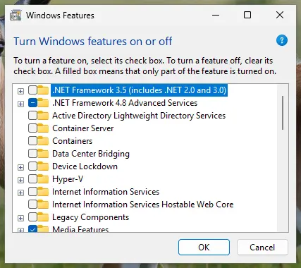 Turn Windows features on or off with .NET Framework 3.5 and .NET Framework 4.8 Advanced Services at the top: screenshot taken on Windows 11 26H2