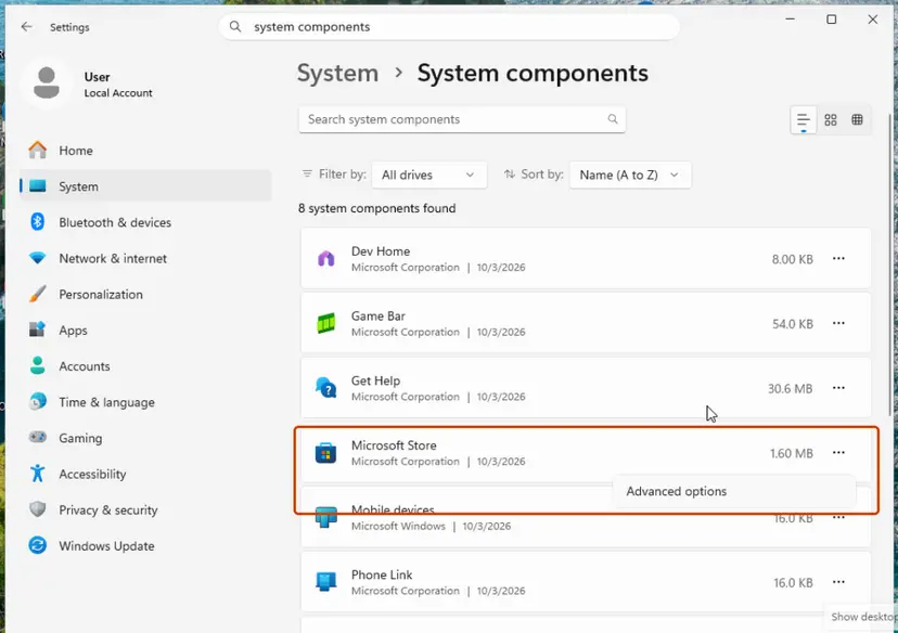Settings, System, System components with Advanced options for Microsoft Store: screenshot taken on Windows 11 26H2