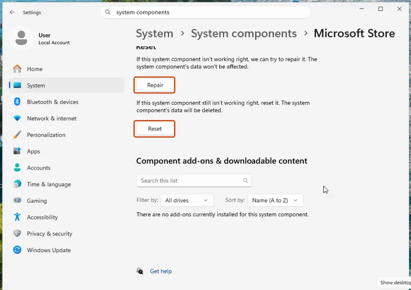 Repair and Reset buttons on the Microsoft Store advanced options page: screenshot taken on Windows 11 26H2