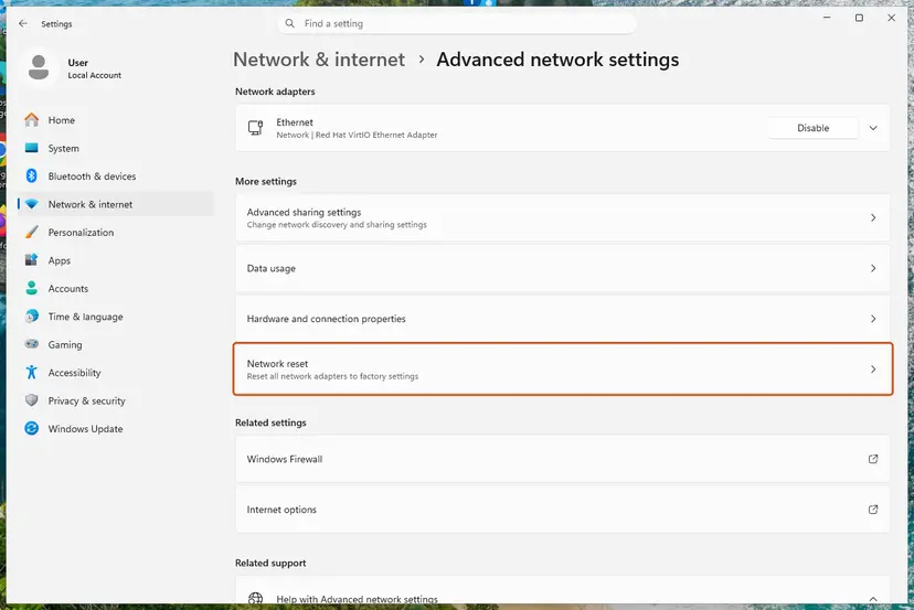 Advanced network settings: Network reset: screenshot taken on Windows 11 26H2