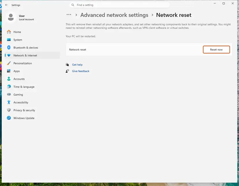 Network reset page with the Reset now button: screenshot taken on Windows 11 26H2
