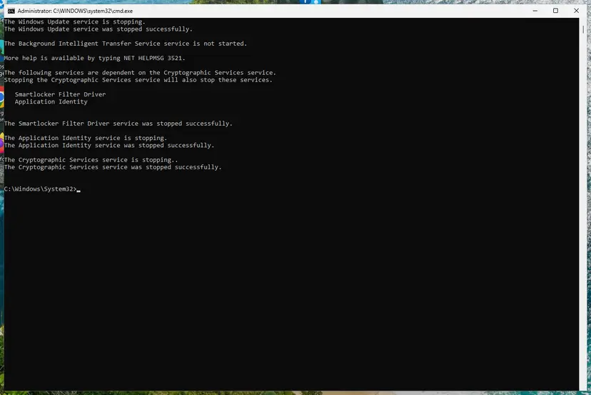 Command Prompt after stopping Windows Update, BITS and Cryptographic Services: screenshot taken on Windows 11 26H2