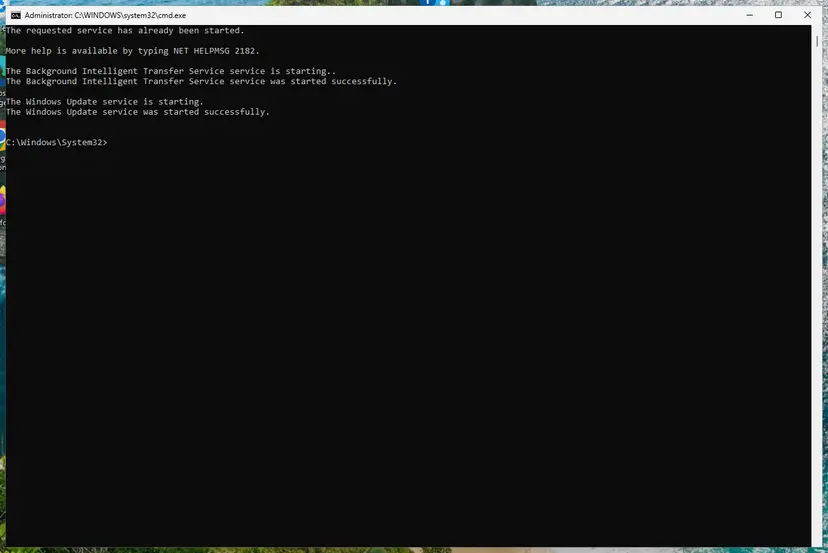 Command Prompt after starting BITS and Windows Update: screenshot taken on Windows 11 26H2