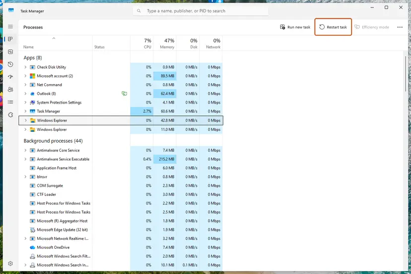 Task Manager, Processes, Windows Explorer selected and the Restart task button: screenshot taken on Windows 11 26H2