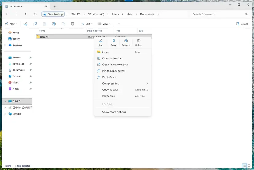 Right-click the folder: Restore previous versions: screenshot taken on Windows 11 26H2
