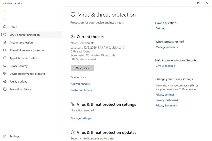 Windows Security, Virus & threat protection page with the Quick scan button and the Scan options link: screenshot taken on Windows 11 26H2