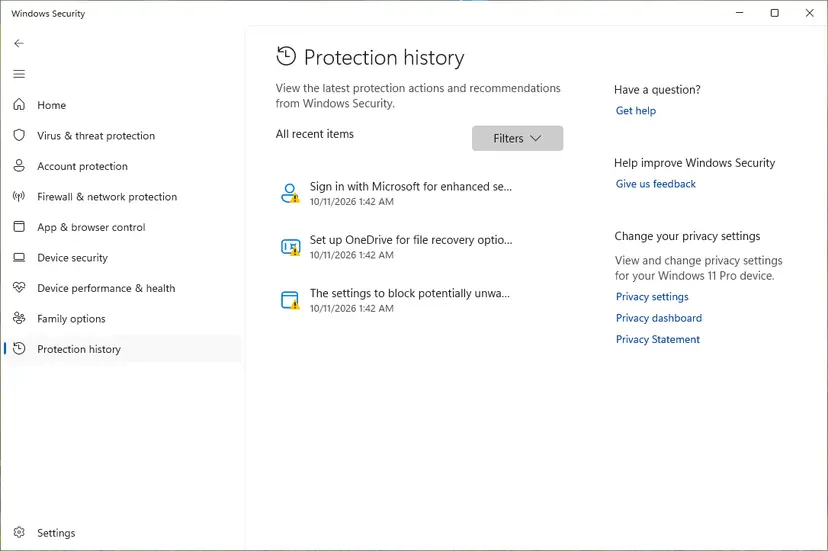 Protection history page with the Filters button and the list of recent items: screenshot taken on Windows 11 26H2