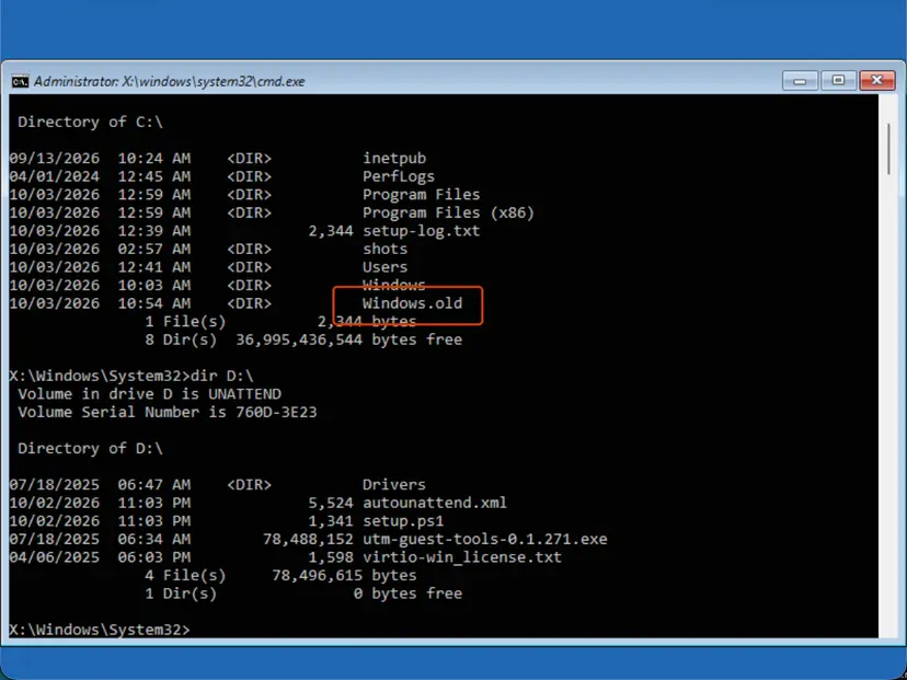 dir shows which letter holds the Windows folder: screenshot taken on Windows 11 26H2