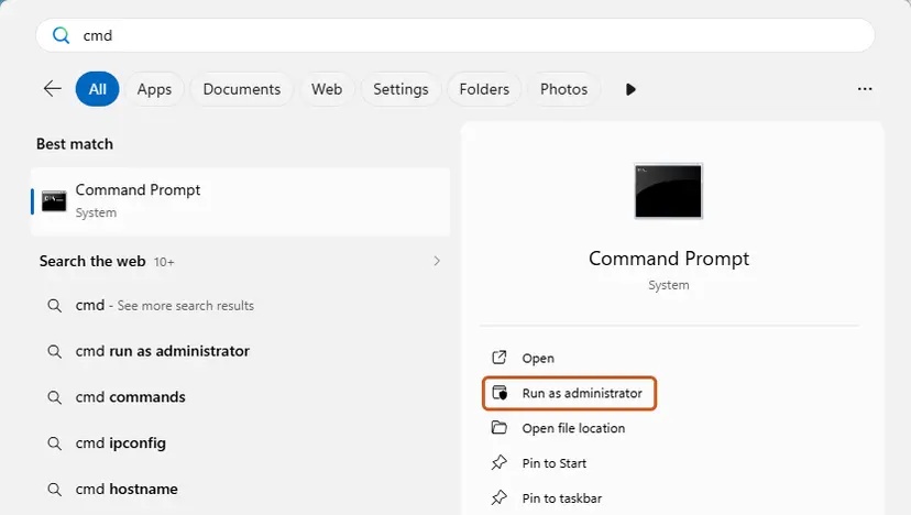 Search for cmd and choose Run as administrator: screenshot taken on Windows 11 26H2