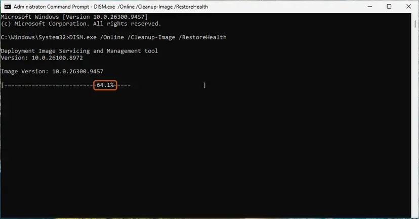DISM /RestoreHealth running: screenshot taken on Windows 11 26H2
