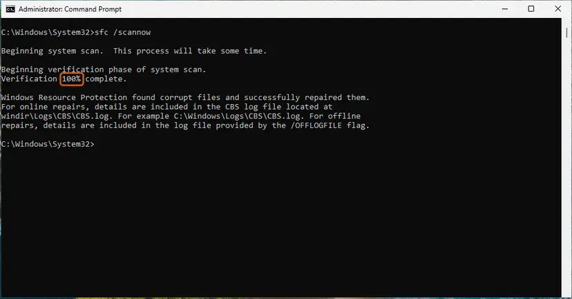 sfc /scannow at 100%: screenshot taken on Windows 11 26H2