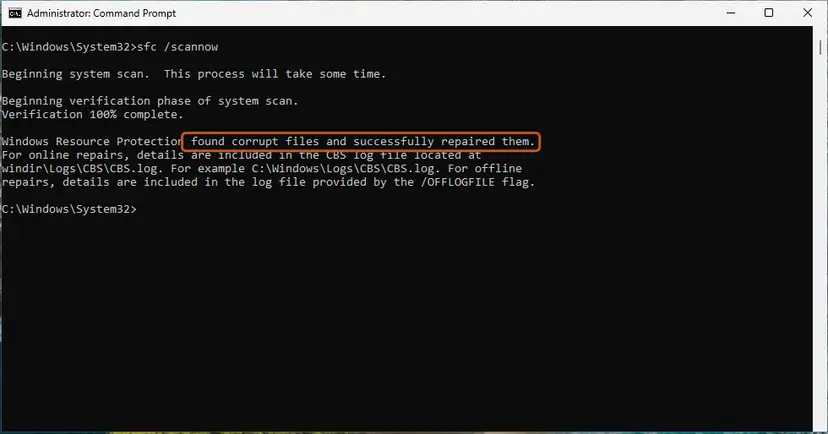 The result line tells you what SFC did: screenshot taken on Windows 11 26H2