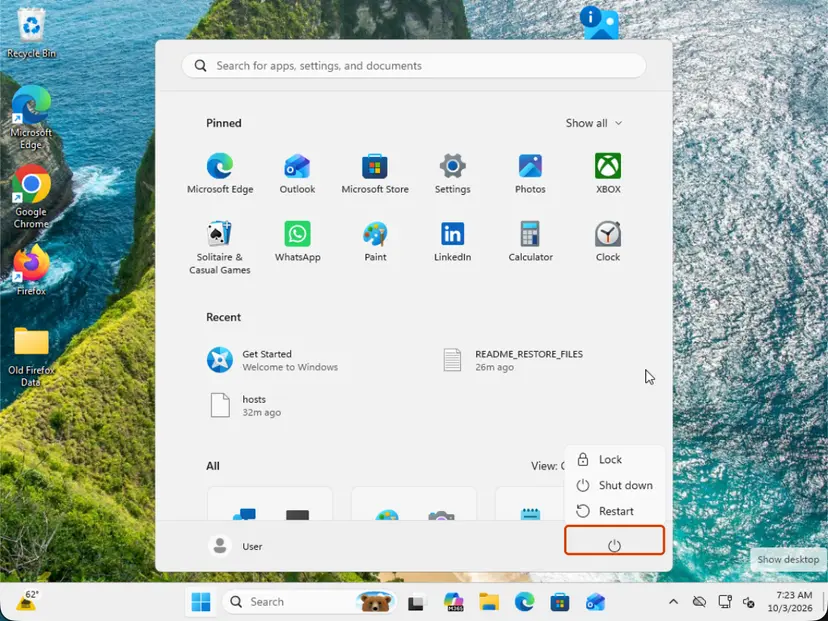 Start menu power button with Restart: screenshot taken on Windows 11 26H2