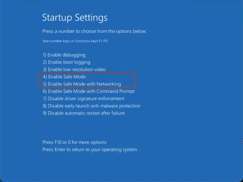 Startup Settings list with Safe Mode options 4 and 5: screenshot taken on Windows 11 26H2