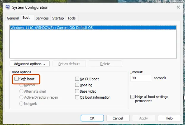 System Configuration, Boot tab: Safe boot checkbox: screenshot taken on Windows 11 26H2