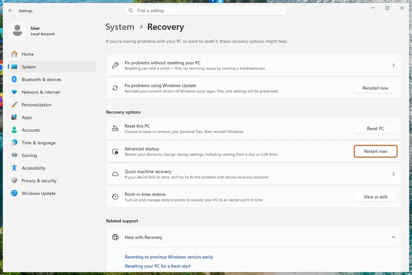 Settings, System, Recovery with Restart now next to Advanced startup: screenshot taken on Windows 11 26H2