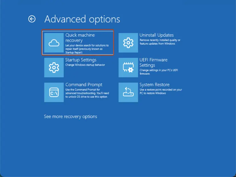 Advanced options with Quick machine recovery, previously known as Startup Repair: screenshot taken on Windows 11 26H2