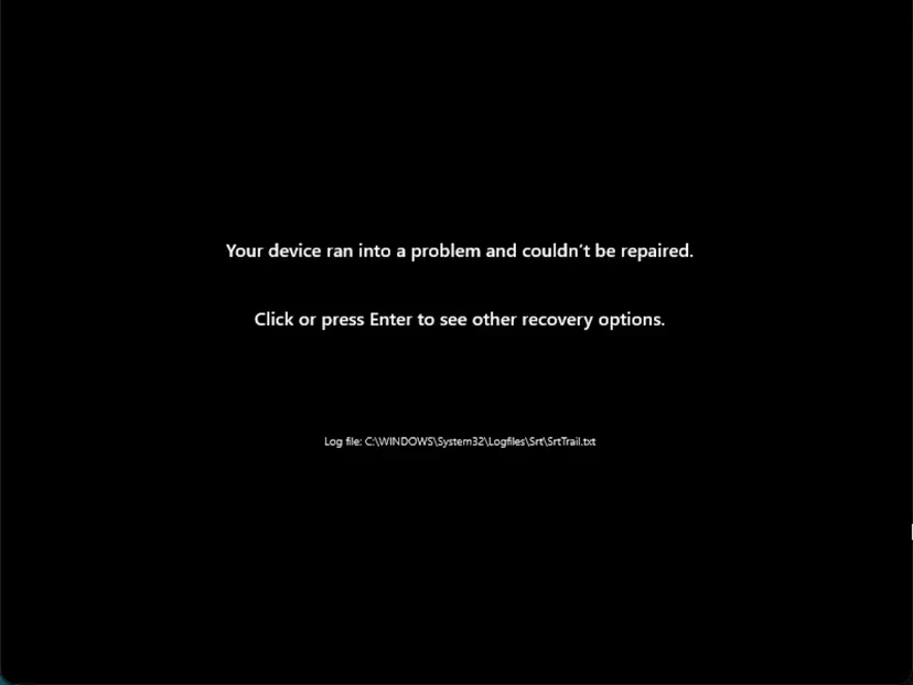 Your device ran into a problem and couldn't be repaired, with the SrtTrail.txt log path: screenshot taken on Windows 11 26H2