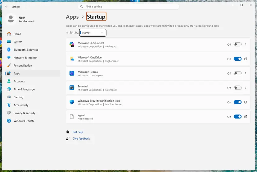 Settings, Apps, Startup with the list of startup apps and their On/Off switches: screenshot taken on Windows 11 26H2