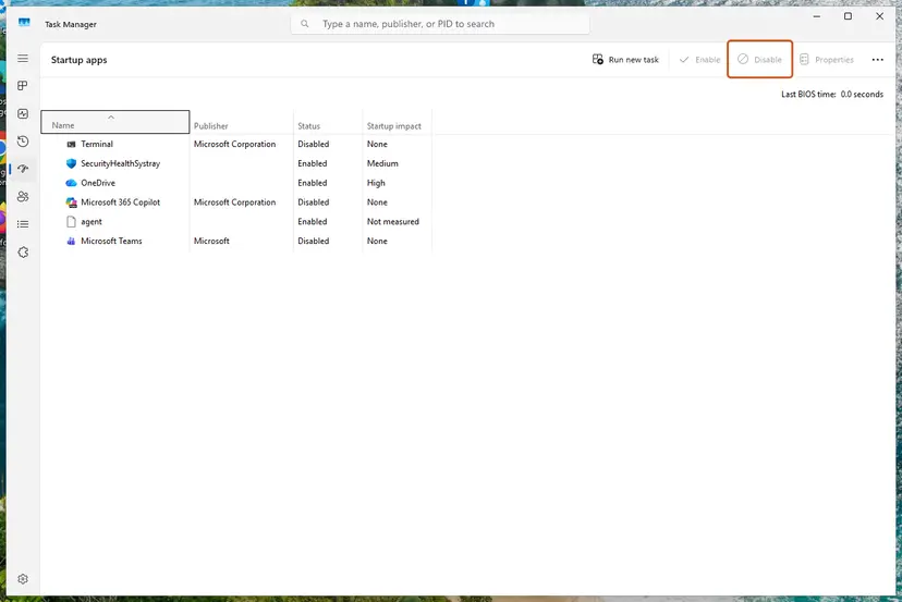 Task Manager, Startup apps page with the Disable button: screenshot taken on Windows 11 26H2