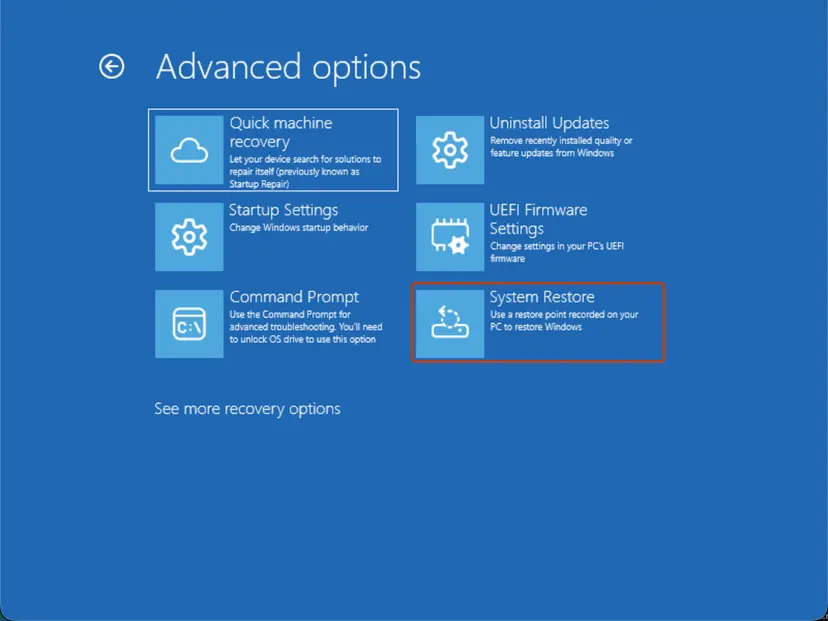 Advanced options screen with System Restore: screenshot taken on Windows 11 26H2
