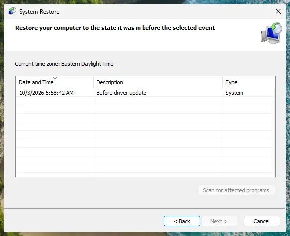 System Restore list of restore points with date, description and type: screenshot taken on Windows 11 26H2