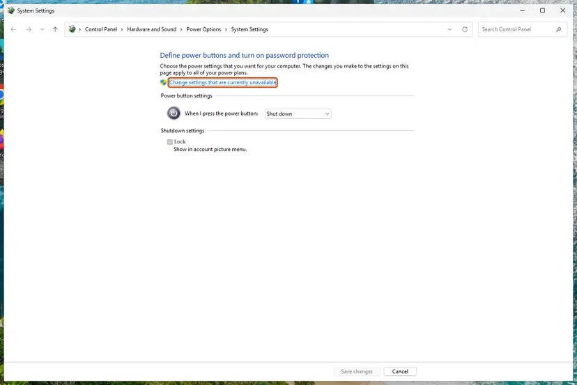 System Settings page with the Change settings that are currently unavailable link: screenshot taken on Windows 11 26H2