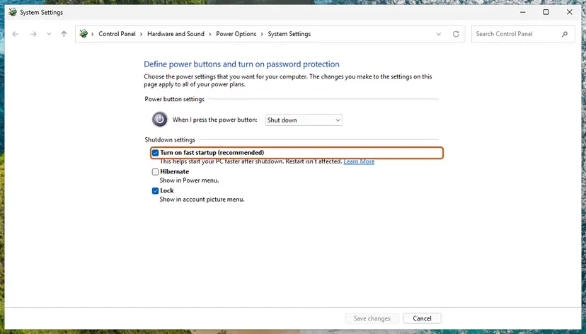 Shutdown settings with Turn on fast startup (recommended): screenshot taken on Windows 11 26H2