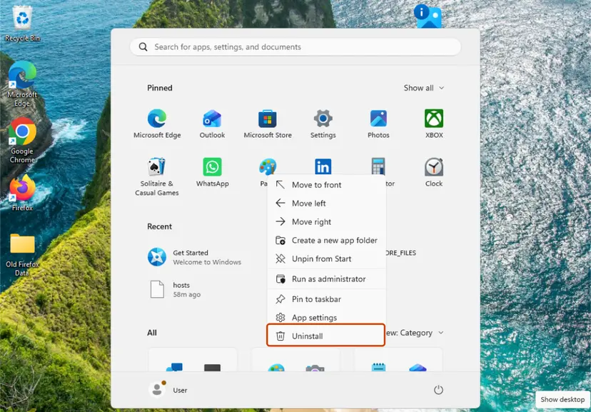 Right-click the app in Start, then Uninstall: screenshot taken on Windows 11 26H2