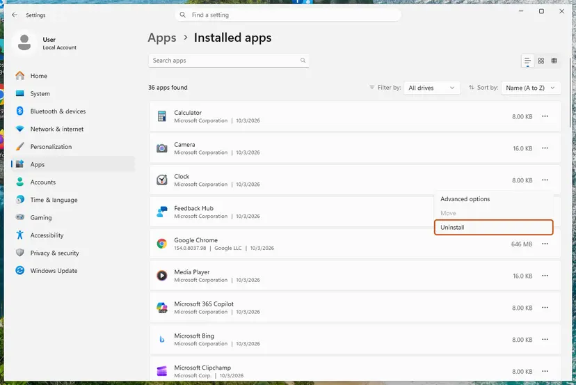 Settings, Apps, Installed apps: the ... menu: screenshot taken on Windows 11 26H2