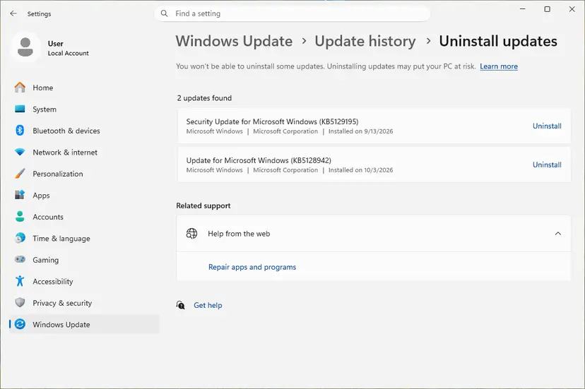 Uninstall updates page listing two updates by KB number, each with an Uninstall link: screenshot taken on Windows 11 26H2