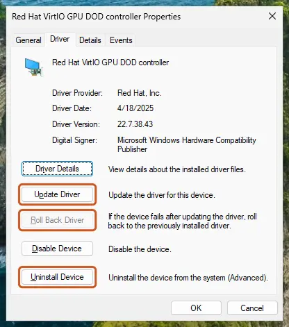 Driver tab with Update Driver, Roll Back Driver and Uninstall Device: screenshot taken on Windows 11 26H2