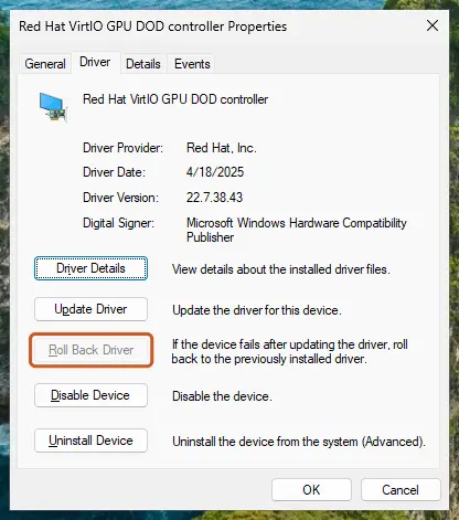 Roll Back Driver button on the Driver tab: screenshot taken on Windows 11 26H2
