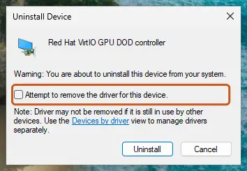 Uninstall Device dialog with the remove driver checkbox: screenshot taken on Windows 11 26H2