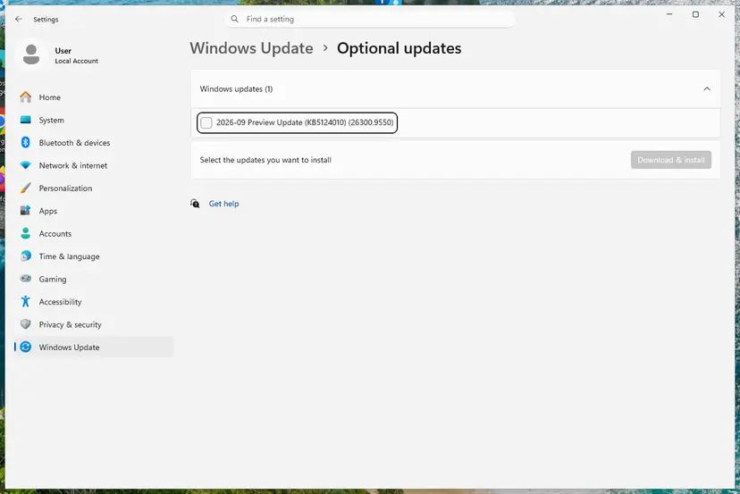 Windows Update, Optional updates page: screenshot taken on Windows 11 26H2