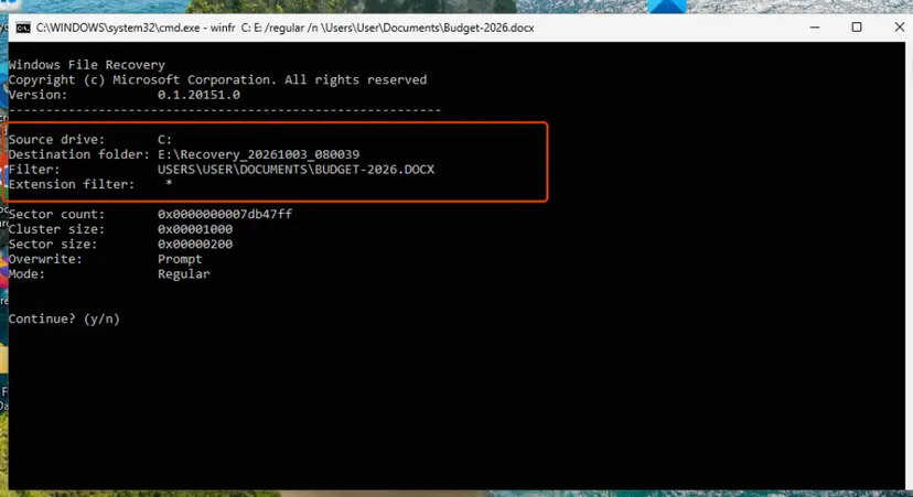 winfr summary of source drive, destination folder and filter before it starts: screenshot taken on Windows 11 26H2