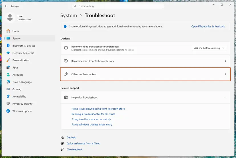 Settings, System, Troubleshoot with Other troubleshooters: screenshot taken on Windows 11 26H2