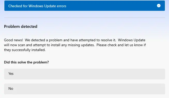 Get Help result: Problem detected, with Yes and No buttons: screenshot taken on Windows 11 26H2