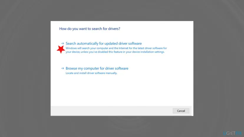 Update driver window asking How do you want to search for drivers, with an automatic search option and Browse my computer for driver software