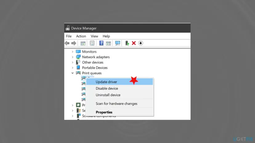 Device Manager with Print queues expanded and the right-click menu of a printer showing Update driver, Disable device and Uninstall device