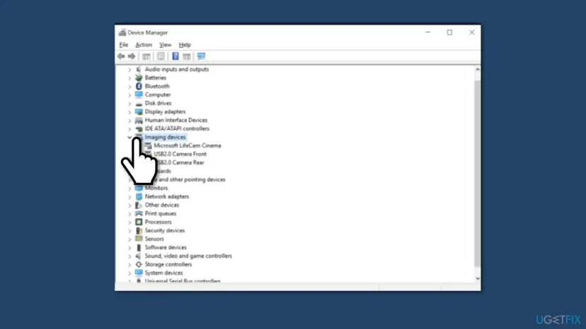 Device Manager with Imaging devices expanded, listing Microsoft LifeCam Cinema, USB2.0 Camera Front and USB2.0 Camera Rear