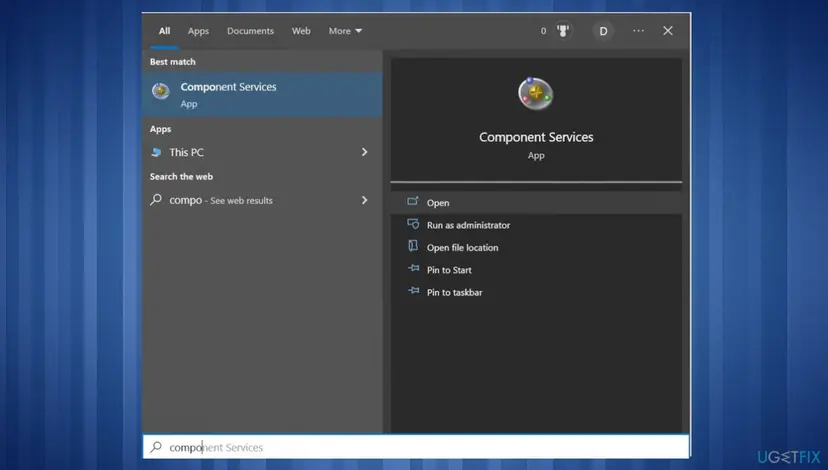 Windows search results with Component Services as the best match and Open selected, the app where Enable Distributed COM on this computer is checked
