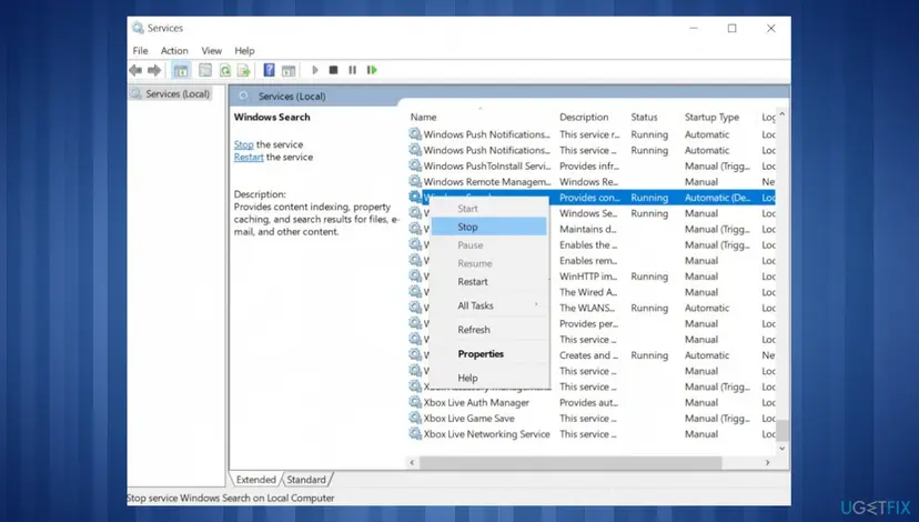 Services window with Windows Search selected, its right-click menu open with Stop, Restart and Properties, and startup type Automatic Delayed Start in the list