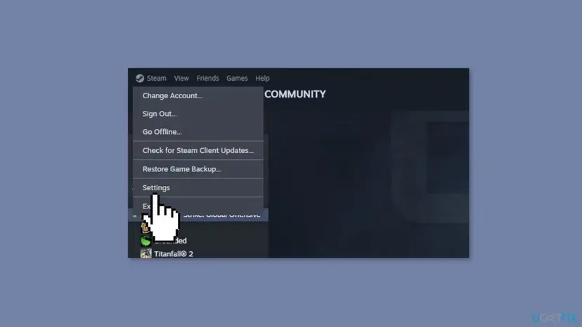 Steam client menu with the Settings option highlighted by a cursor