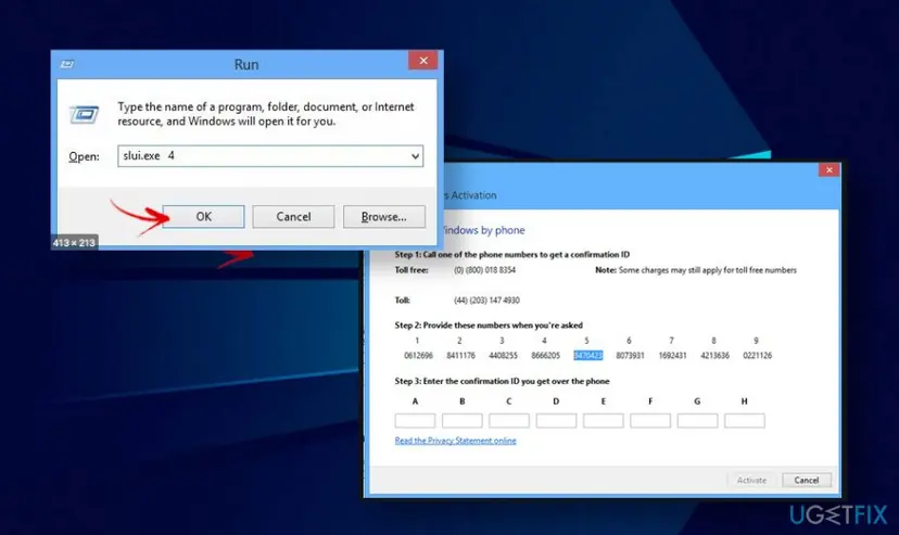 Run box with slui.exe 4 and the Windows Activation by phone screen with phone numbers, the installation ID in nine groups and boxes A to H for the confirmation ID