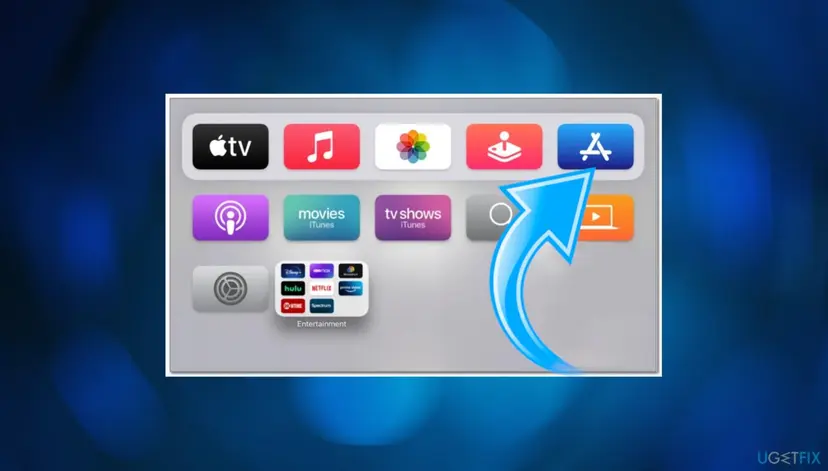 Apple TV home screen with the App Store icon marked by an arrow, next to the TV, Music, Photos and Arcade icons