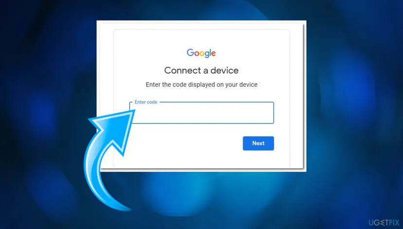 Google Connect a device page in a browser with the text Enter the code displayed on your device, an Enter code box and the Next button