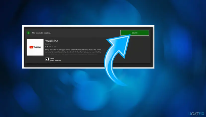 Microsoft Store page of the YouTube app on an Xbox console with the message This product is installed and the Launch button